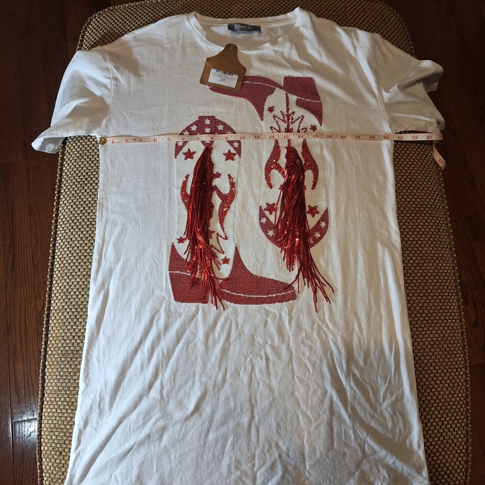 Blue B. Collection White T-shirt with Red Sequin & Fringe Cowboy Boot Design - Picture 8 of 13